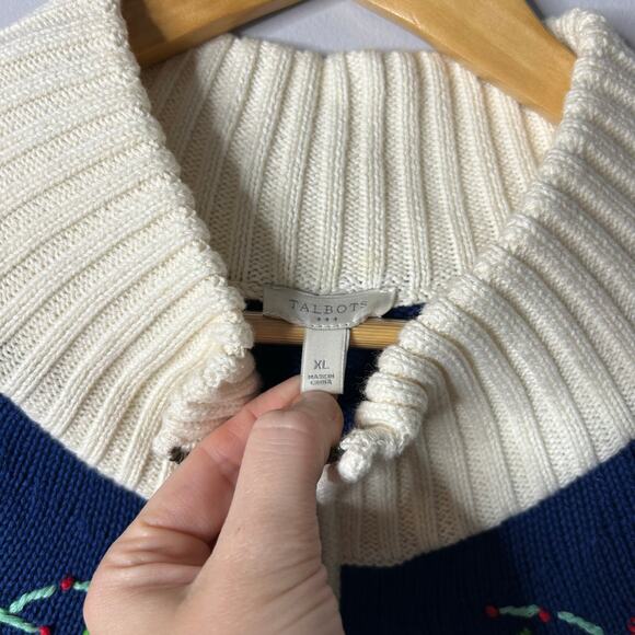 Talbots Nordic Floral Embroidered Mock Neck Zip Front Cardigan Women's XL Cream - Picture 6 of 6